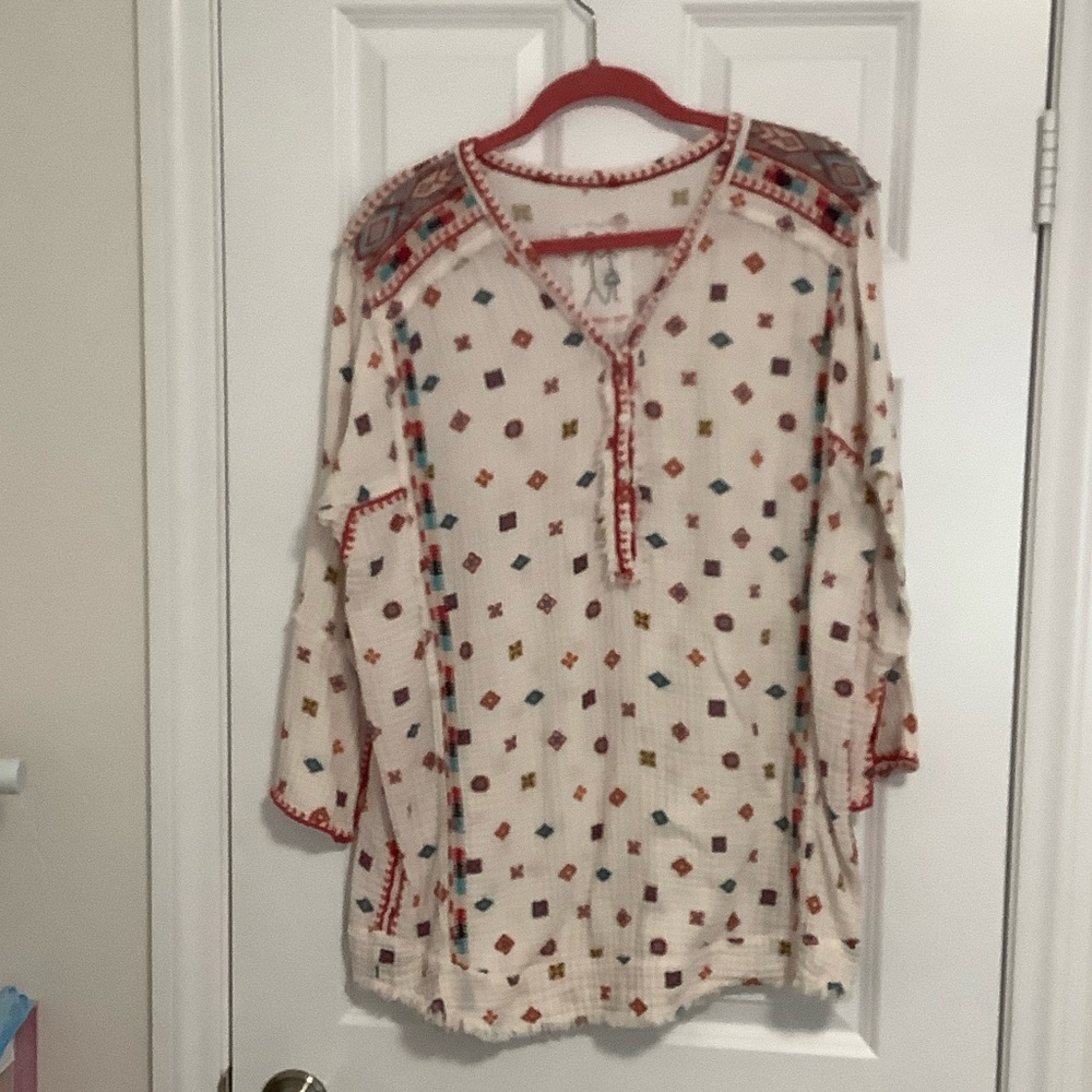 Johnny Was Cream Tunic with Multicolor Geometric embroidery sizeXL